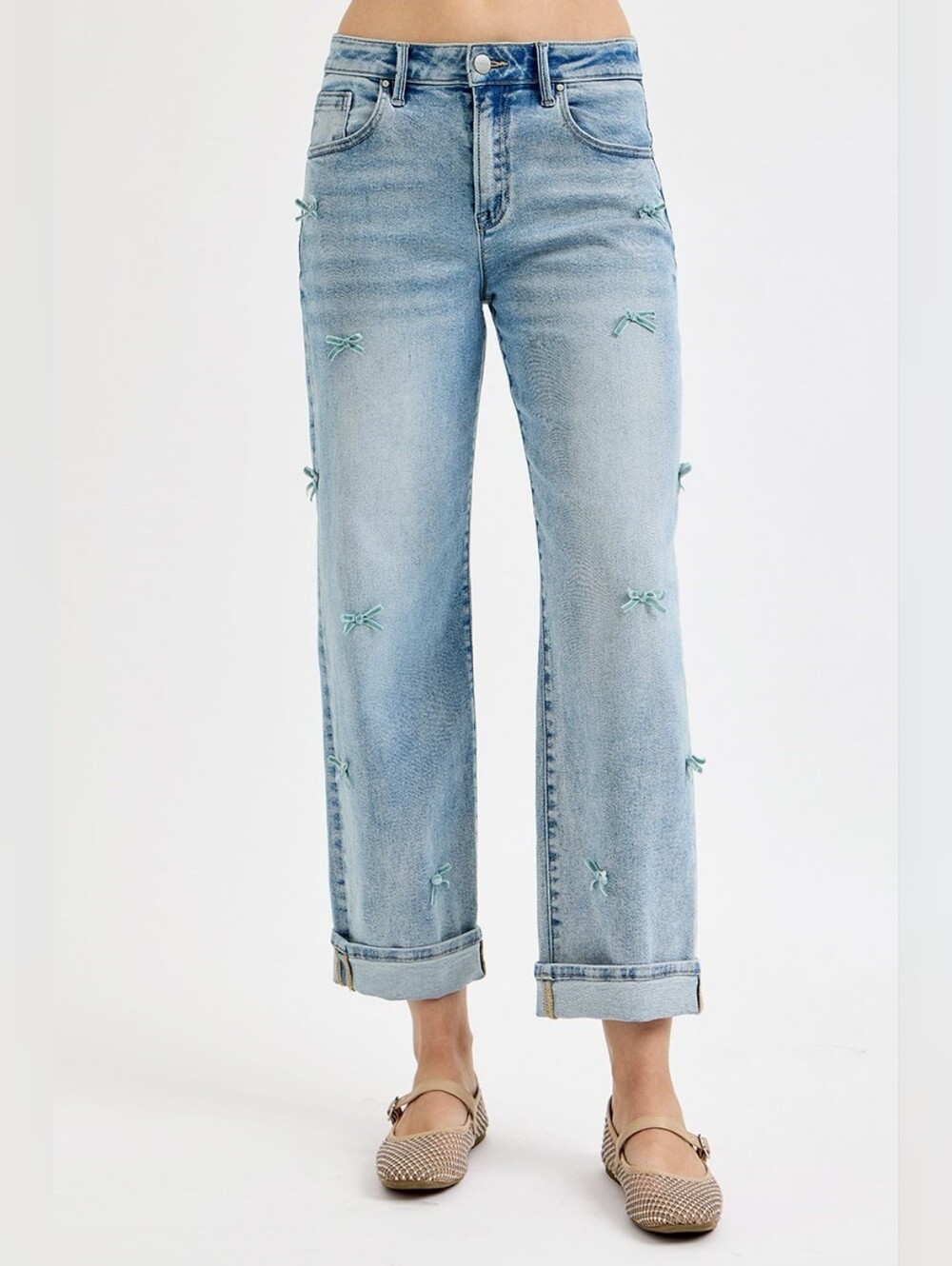 RISEN Jeans Barrel Leg Bow-Embellished Denim Coquette Crop Jeans